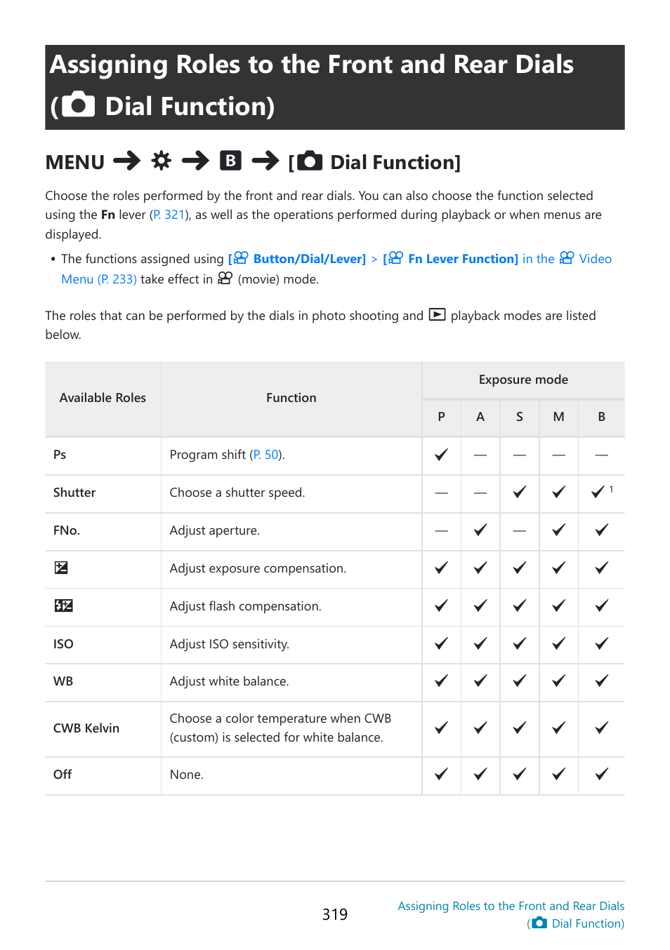 Assigning roles to the front and rear dials, Dial function), P. 319 | Assigning roles to the, Front and rear dials, Dial function)” (p. 319), Ear dials, Menu, Dial function | OM SYSTEM OM-5 Mirrorless Camera with 12-45mm f/4 PRO Lens (Silver) User Manual | Page 319 / 467