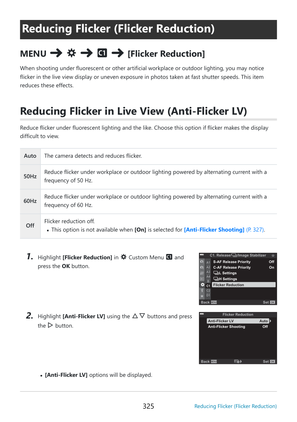 Reducing flicker (flicker reduction), Reducing flicker in live view (anti-flicker lv), P. 325 | Menu, Flicker reduction | OM SYSTEM OM-5 Mirrorless Camera with 12-45mm f/4 PRO Lens (Silver) User Manual | Page 325 / 467