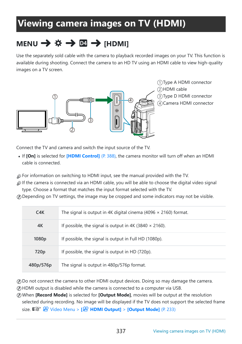 Viewing camera images on tv (hdmi), P. 337, O hdmi devices | Menu, Hdmi | OM SYSTEM OM-5 Mirrorless Camera with 12-45mm f/4 PRO Lens (Silver) User Manual | Page 337 / 467