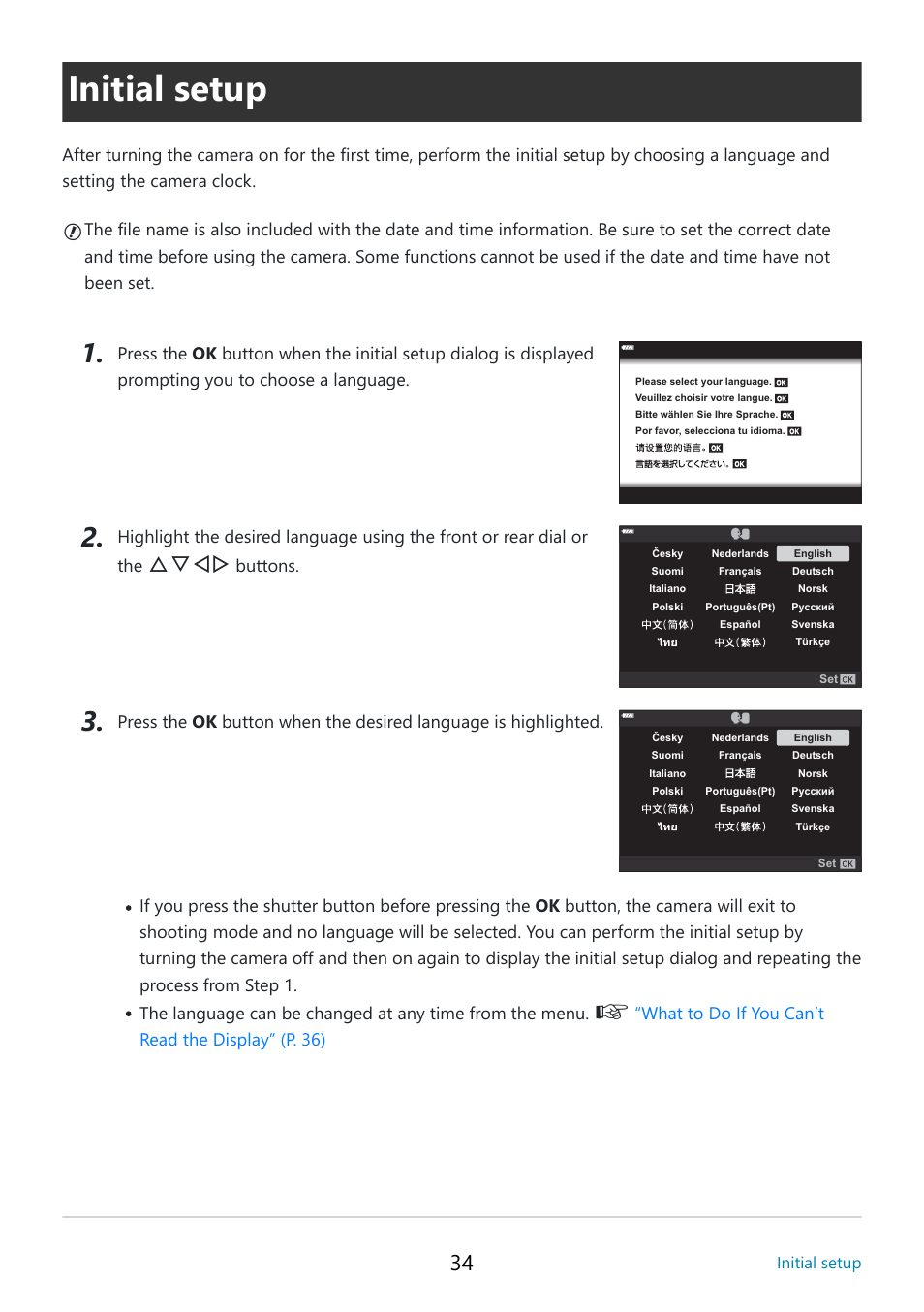 Initial setup, Fghi, Buttons | What to do if you can’t read the display” (p. 36) | OM SYSTEM OM-5 Mirrorless Camera with 12-45mm f/4 PRO Lens (Silver) User Manual | Page 34 / 467