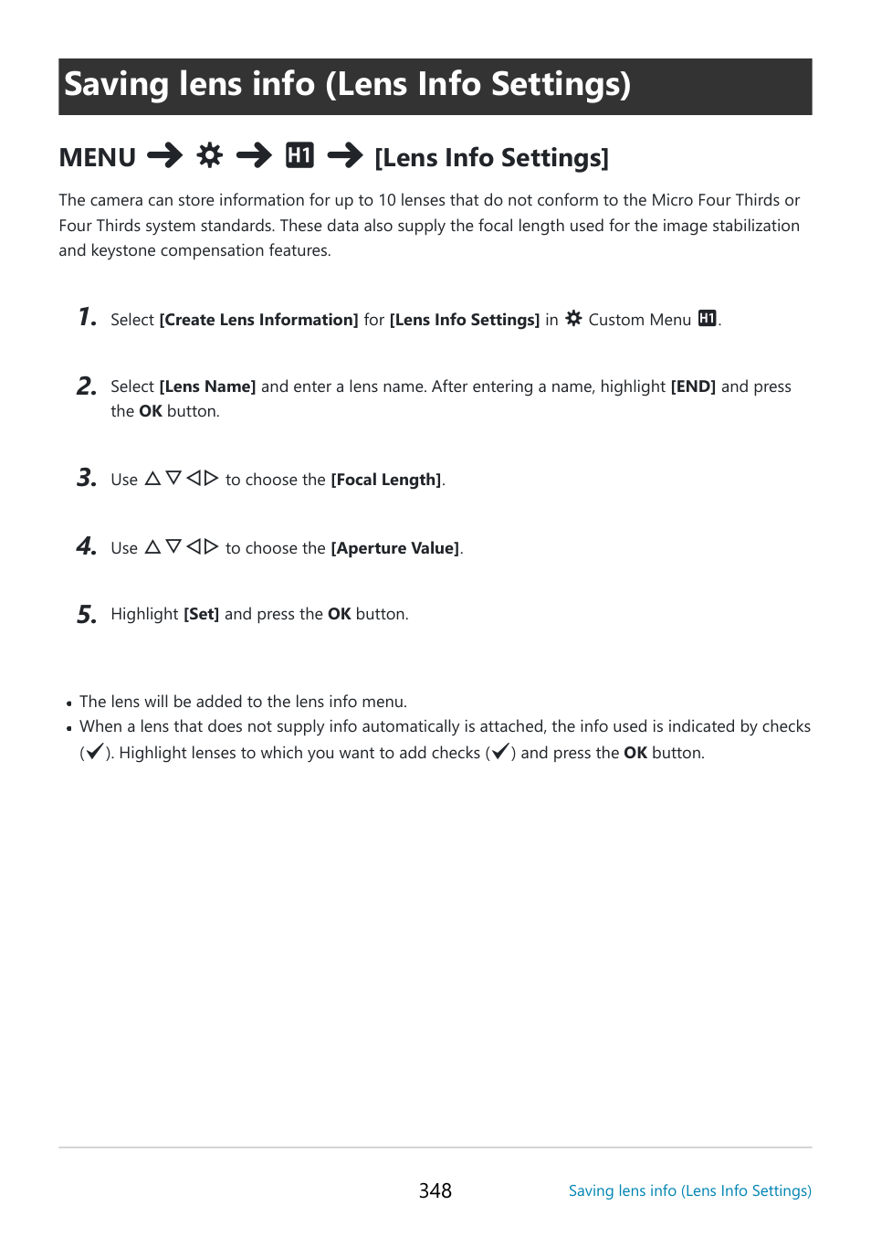 Saving lens info (lens info settings), P. 348, Lens info settings] (p. 348) | Menu, Lens info settings | OM SYSTEM OM-5 Mirrorless Camera with 12-45mm f/4 PRO Lens (Silver) User Manual | Page 348 / 467