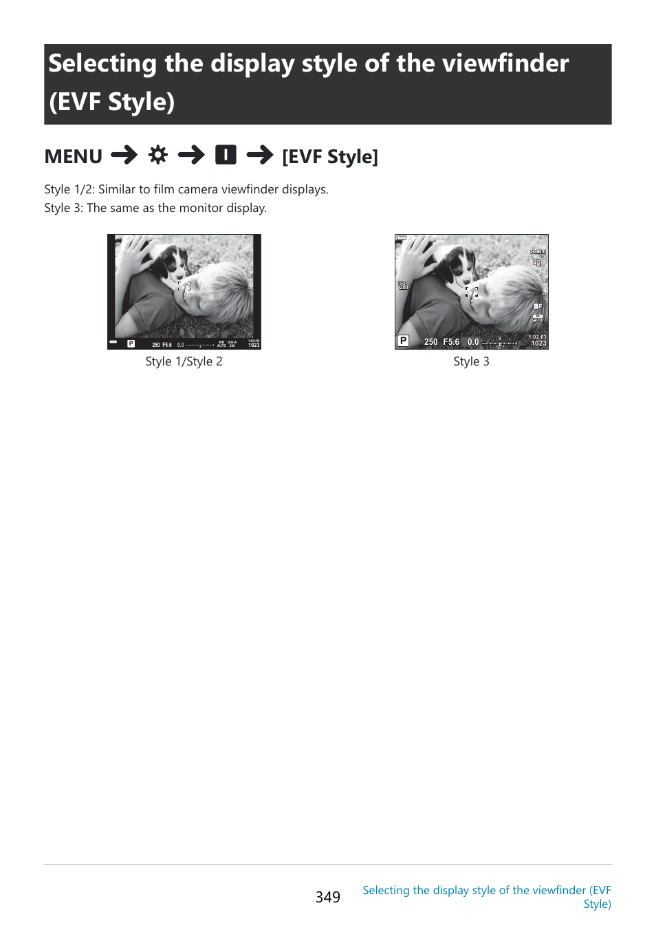 P. 349, Evf style] in, Custom menu | P. 349), Ed for, Style] (p. 349), Menu, Evf style | OM SYSTEM OM-5 Mirrorless Camera with 12-45mm f/4 PRO Lens (Silver) User Manual | Page 349 / 467