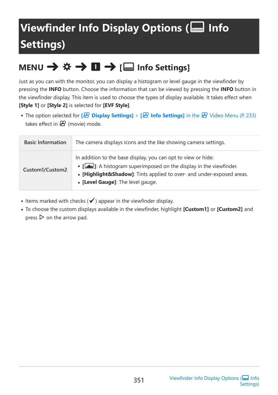 Viewfinder info display options, Info settings), Menu | Info settings | OM SYSTEM OM-5 Mirrorless Camera with 12-45mm f/4 PRO Lens (Silver) User Manual | Page 351 / 467