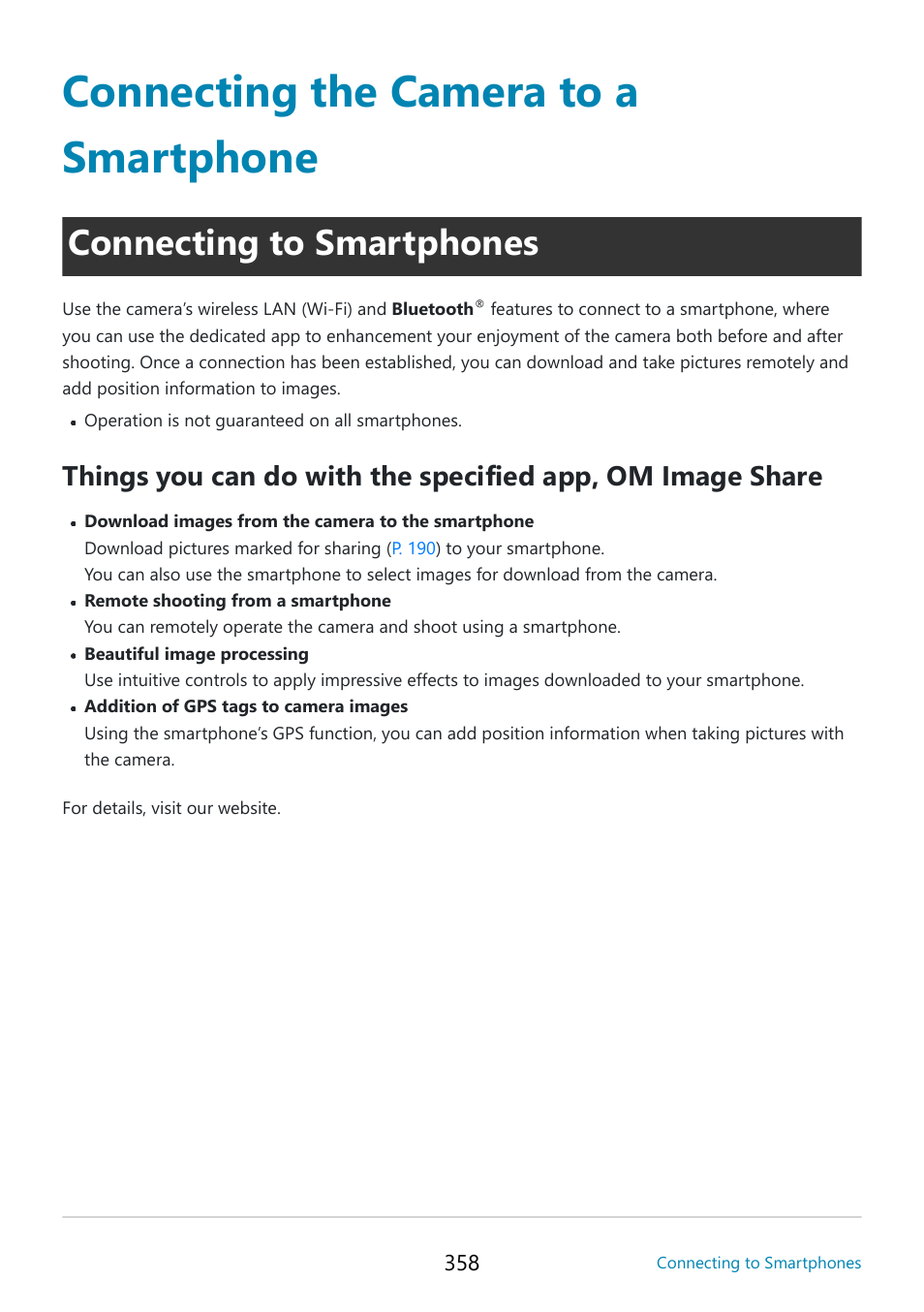 Connecting the camera to a smartphone, Connecting to smartphones, Connecting to smartphones” (p. 358) | OM SYSTEM OM-5 Mirrorless Camera with 12-45mm f/4 PRO Lens (Silver) User Manual | Page 358 / 467