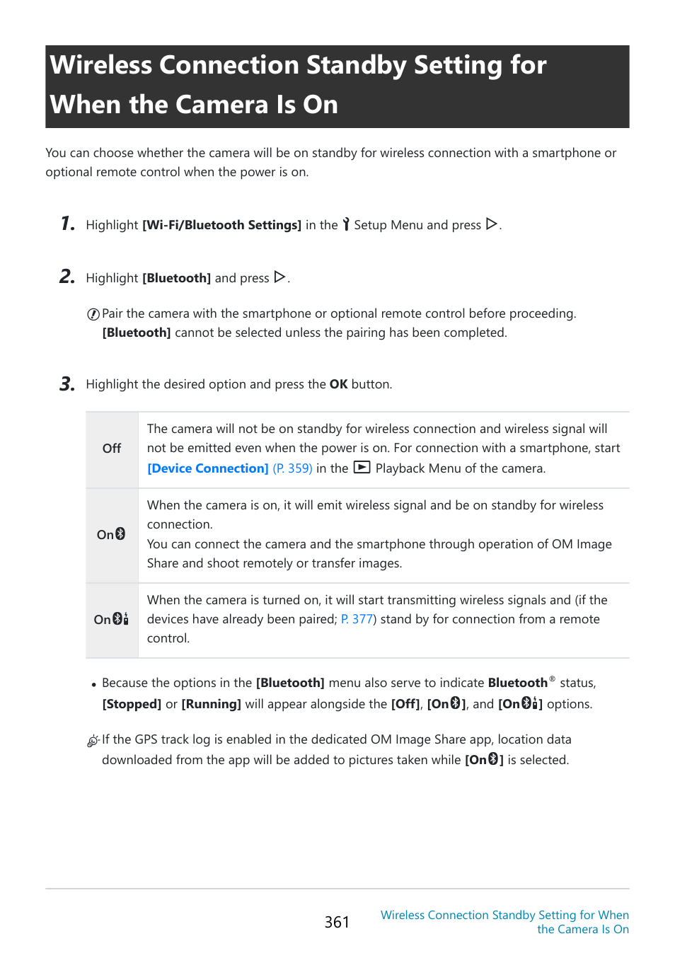 Bluetooth] (p. 361) | OM SYSTEM OM-5 Mirrorless Camera with 12-45mm f/4 PRO Lens (Silver) User Manual | Page 361 / 467