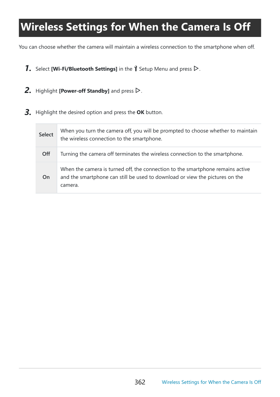 Wireless settings for when the camera is off, Wireless settings for when, The camera is off” (p. 362) | Function, P. 362, Power-off standby] (p. 362), Wireless settings for when the, Camera is off” (p. 362) | OM SYSTEM OM-5 Mirrorless Camera with 12-45mm f/4 PRO Lens (Silver) User Manual | Page 362 / 467