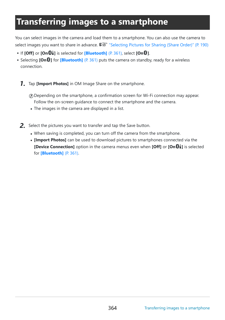Transferring images to a smartphone, Transferring, Images to a smartphone” (p. 364) | OM SYSTEM OM-5 Mirrorless Camera with 12-45mm f/4 PRO Lens (Silver) User Manual | Page 364 / 467