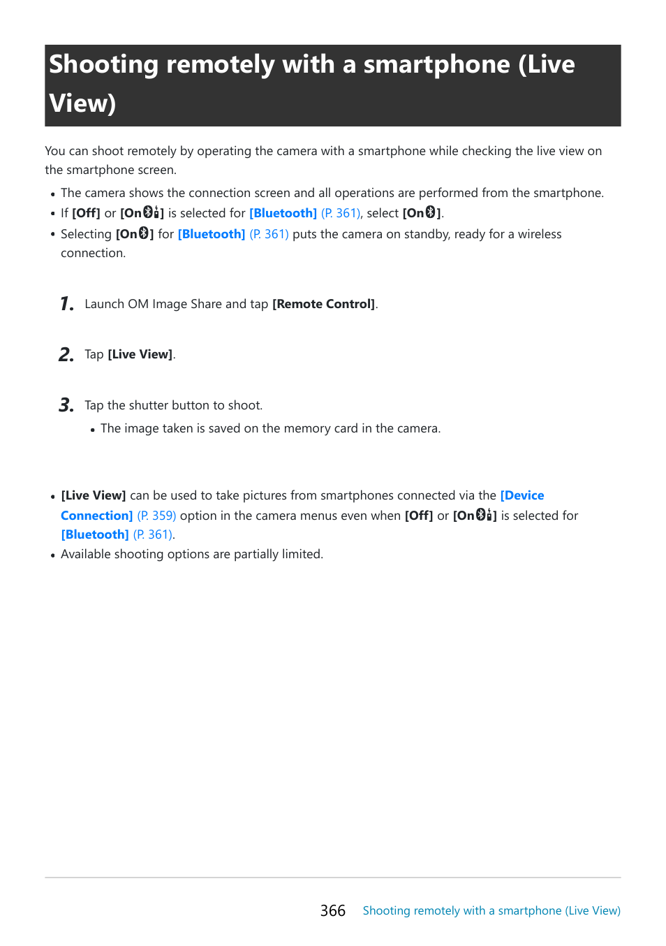 Shooting remotely with a smartphone (live view), P. 366 | OM SYSTEM OM-5 Mirrorless Camera with 12-45mm f/4 PRO Lens (Silver) User Manual | Page 366 / 467