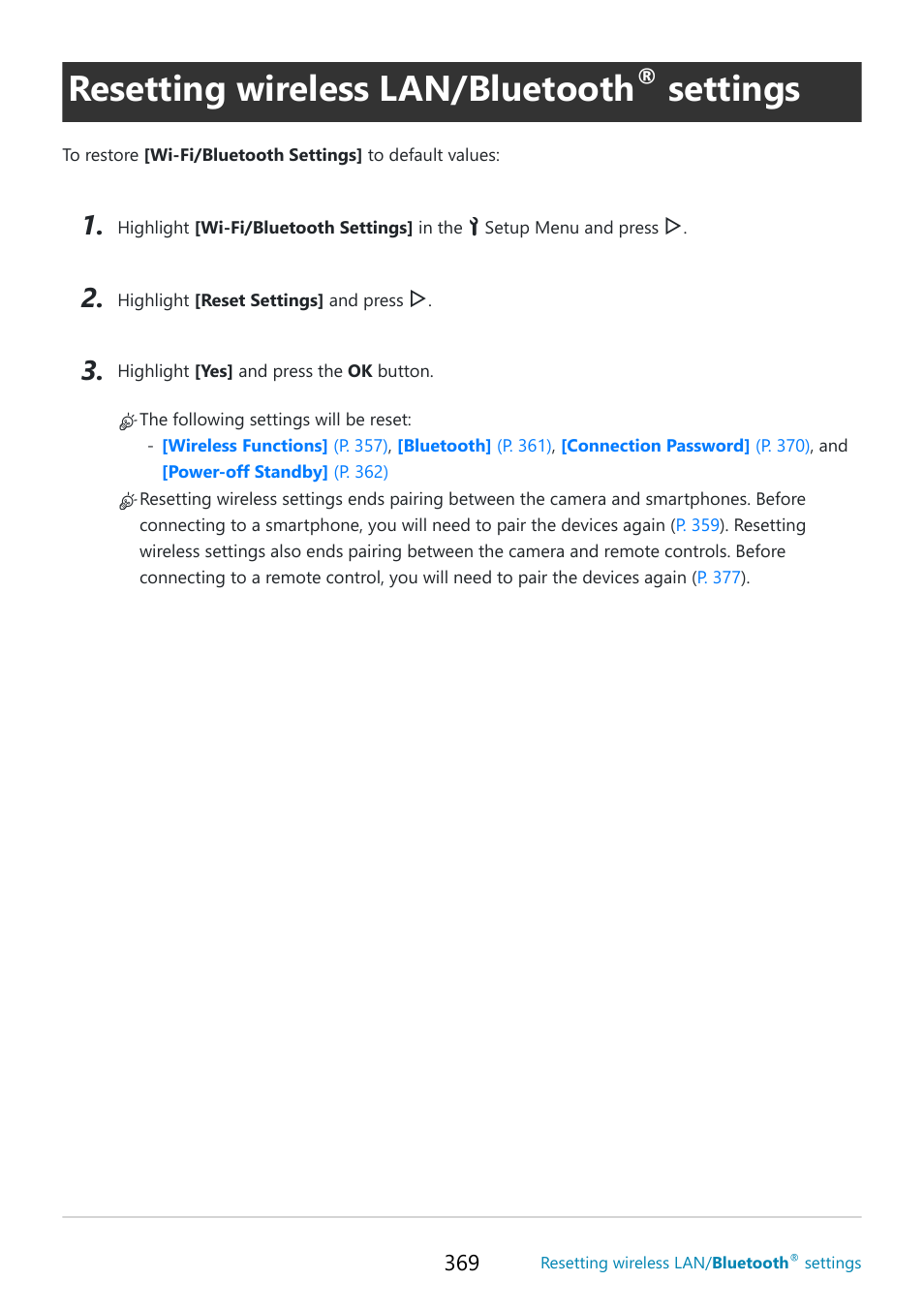 Resetting wireless lan/ bluetooth, Settings, P. 369 | Resetting wireless lan/bluetooth | OM SYSTEM OM-5 Mirrorless Camera with 12-45mm f/4 PRO Lens (Silver) User Manual | Page 369 / 467