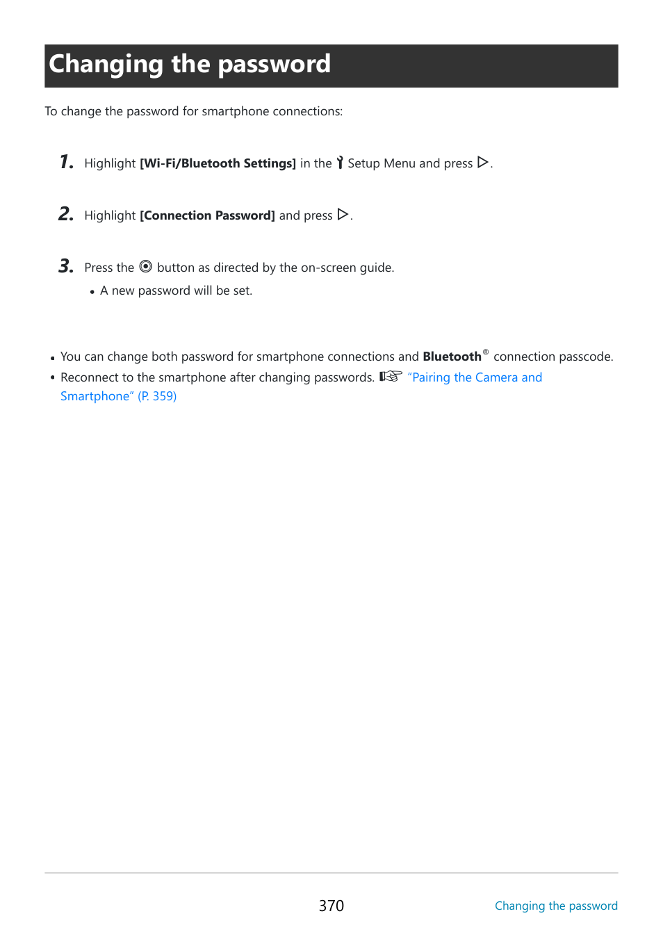 Changing the password, Connection password] (p. 370) | OM SYSTEM OM-5 Mirrorless Camera with 12-45mm f/4 PRO Lens (Silver) User Manual | Page 370 / 467