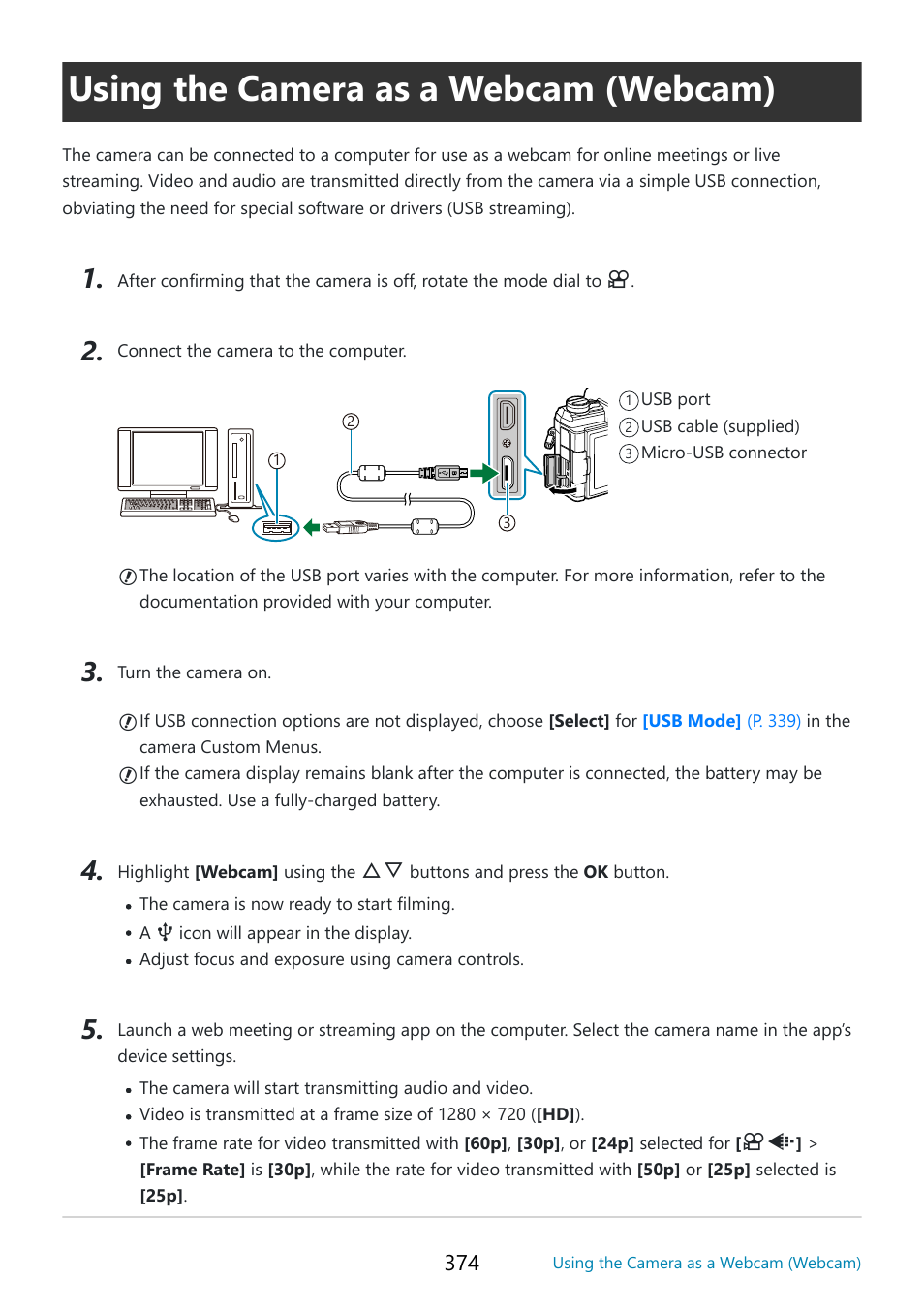 Using the camera as a webcam (webcam), Ebcam, P. 374 | OM SYSTEM OM-5 Mirrorless Camera with 12-45mm f/4 PRO Lens (Silver) User Manual | Page 374 / 467