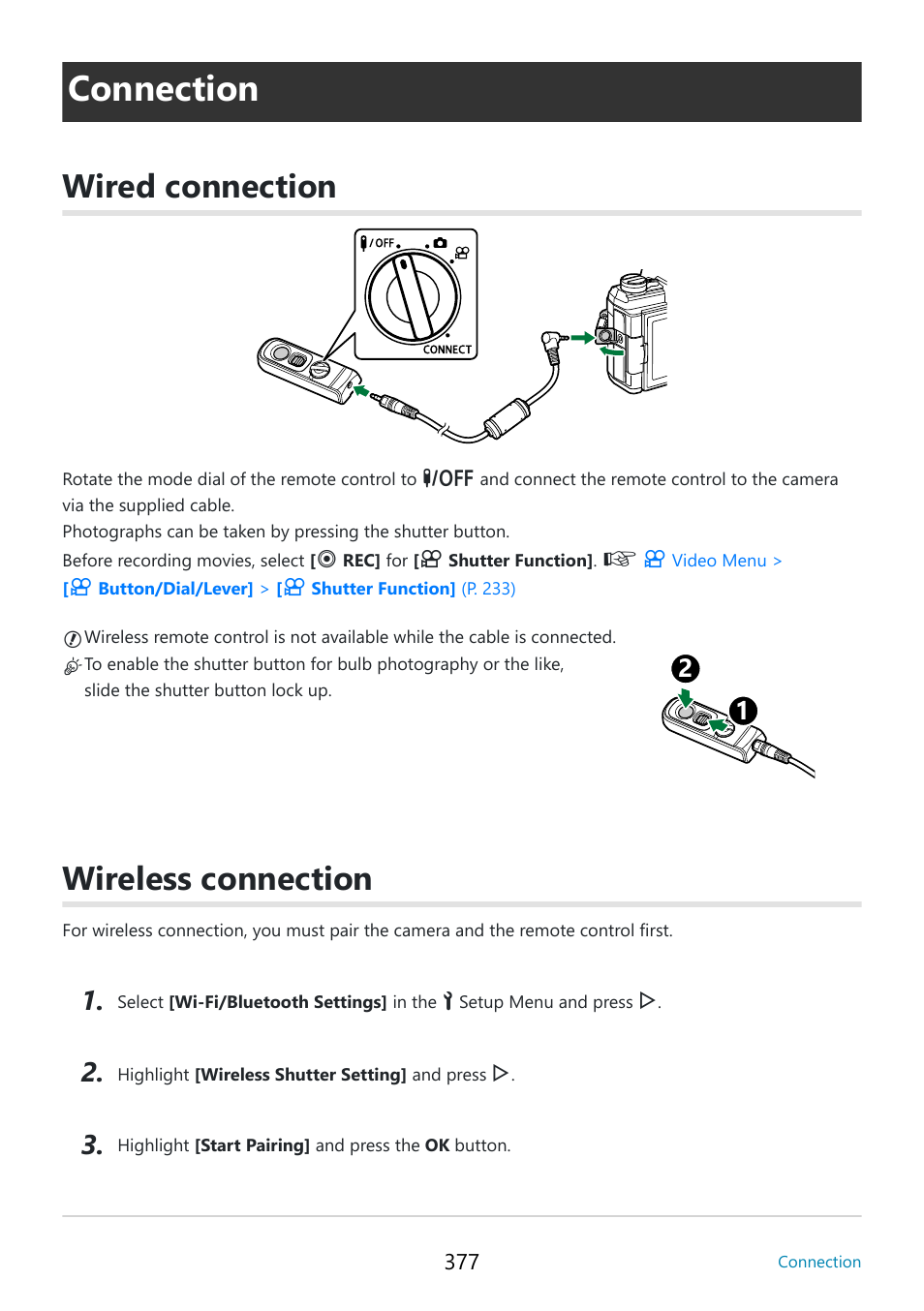 Connection, Wired connection, Wireless connection | P. 377, Connection” (p. 377) | OM SYSTEM OM-5 Mirrorless Camera with 12-45mm f/4 PRO Lens (Silver) User Manual | Page 377 / 467