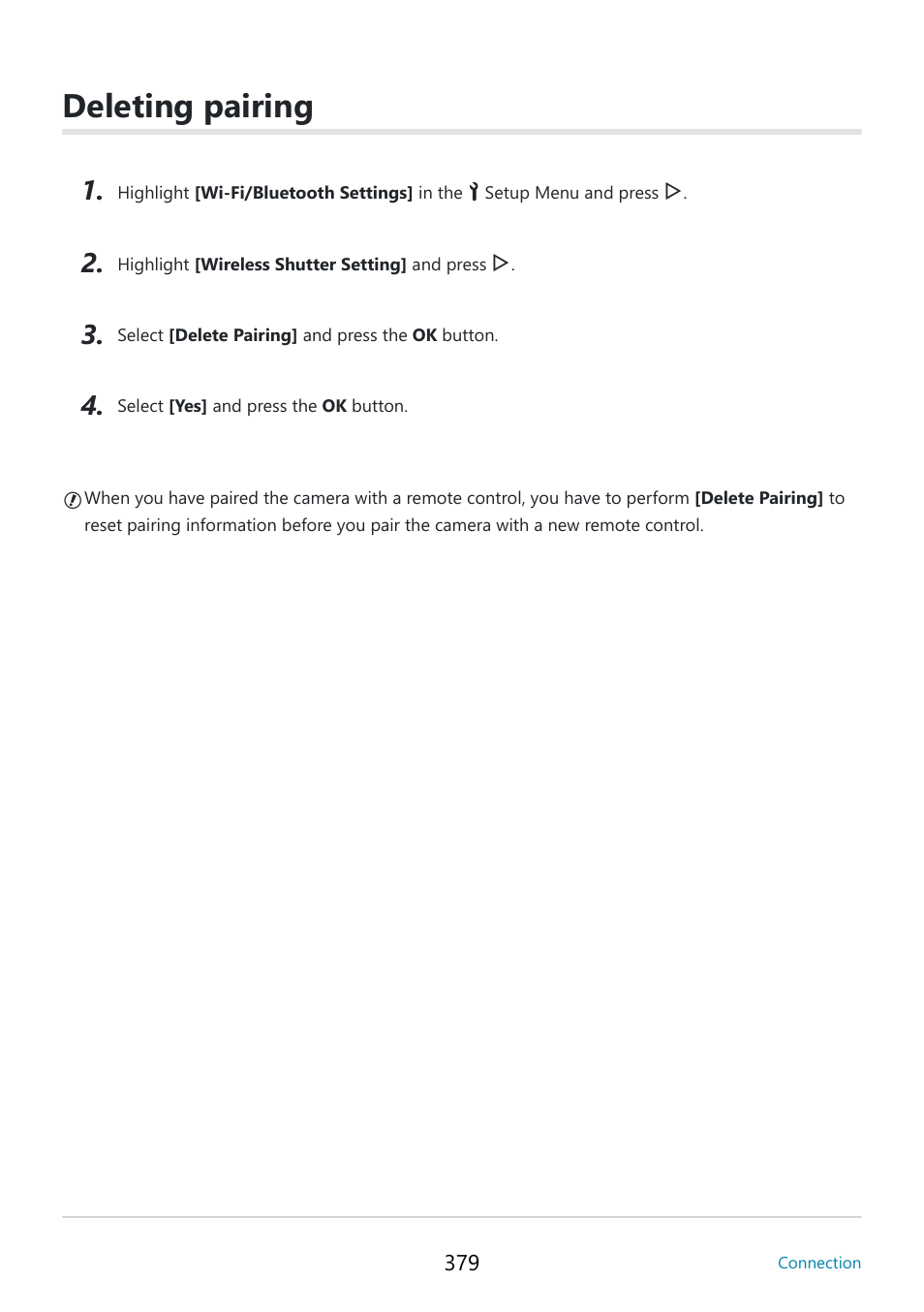 Deleting pairing | OM SYSTEM OM-5 Mirrorless Camera with 12-45mm f/4 PRO Lens (Silver) User Manual | Page 379 / 467