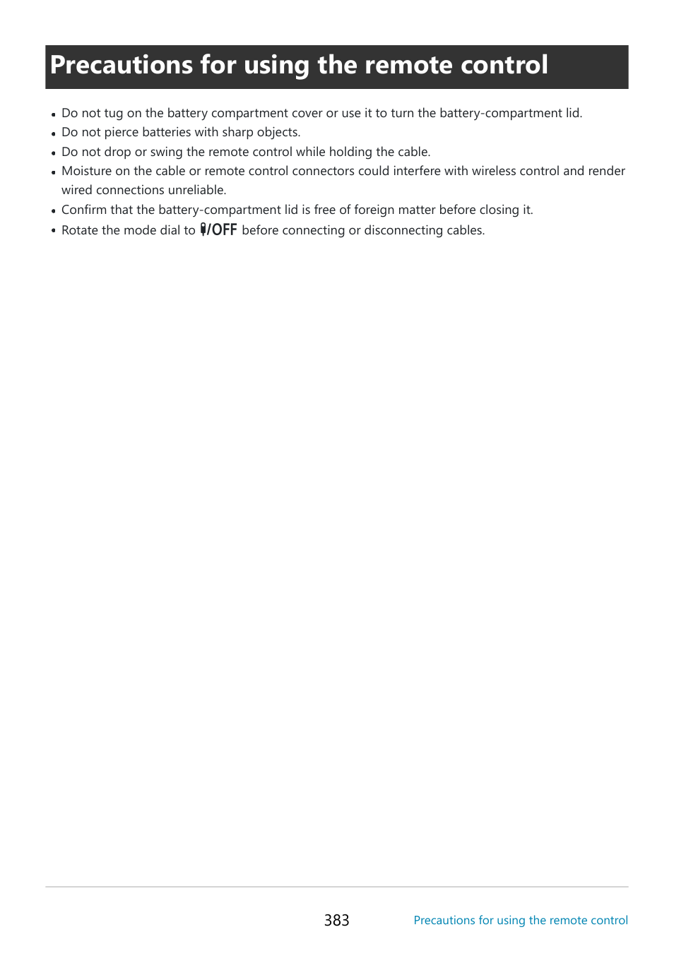 Precautions for using the remote control | OM SYSTEM OM-5 Mirrorless Camera with 12-45mm f/4 PRO Lens (Silver) User Manual | Page 383 / 467