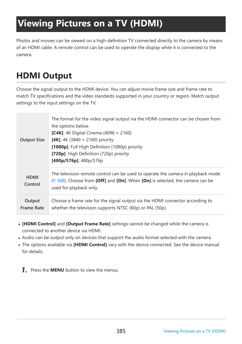 Viewing pictures on a tv (hdmi), Hdmi output | OM SYSTEM OM-5 Mirrorless Camera with 12-45mm f/4 PRO Lens (Silver) User Manual | Page 385 / 467