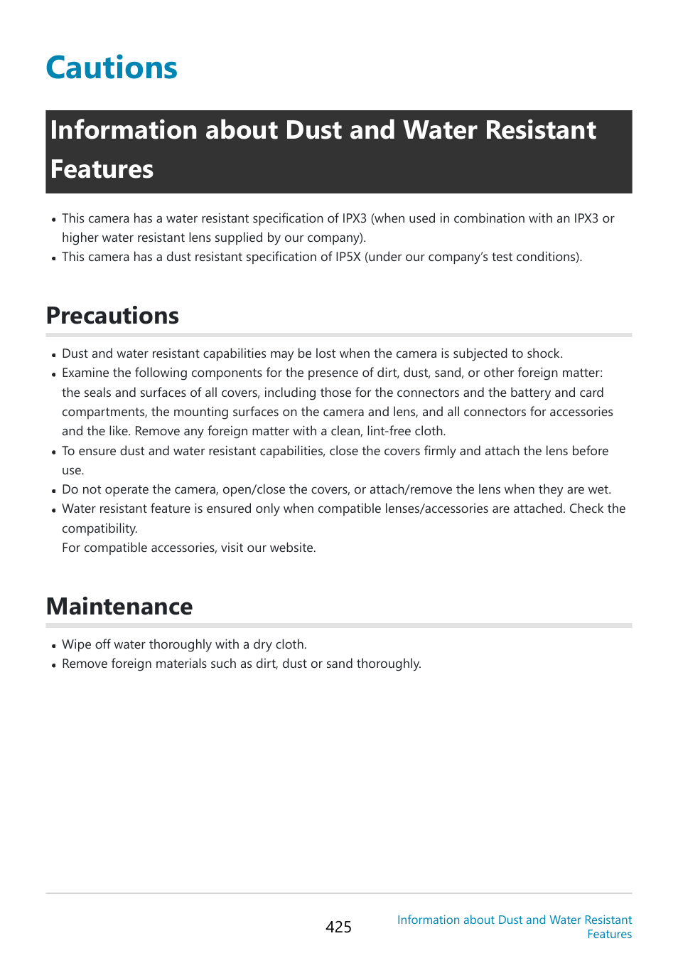 Cautions, Precautions, Maintenance | OM SYSTEM OM-5 Mirrorless Camera with 12-45mm f/4 PRO Lens (Silver) User Manual | Page 425 / 467