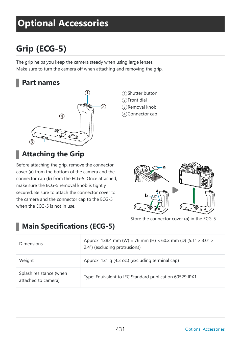 Optional accessories, Grip (ecg-5) | OM SYSTEM OM-5 Mirrorless Camera with 12-45mm f/4 PRO Lens (Silver) User Manual | Page 431 / 467