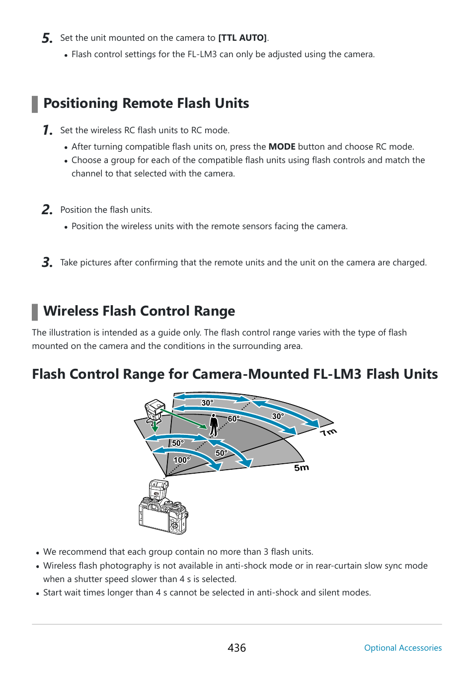 Positioning remote flash units, Wireless flash control range | OM SYSTEM OM-5 Mirrorless Camera with 12-45mm f/4 PRO Lens (Silver) User Manual | Page 436 / 467