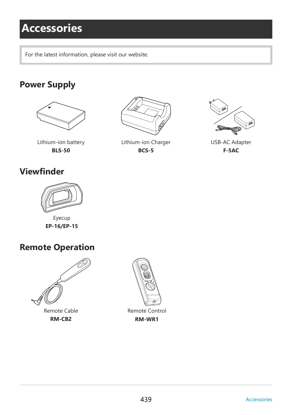 Accessories, P. 439, Power supply viewfinder remote operation | OM SYSTEM OM-5 Mirrorless Camera with 12-45mm f/4 PRO Lens (Silver) User Manual | Page 439 / 467