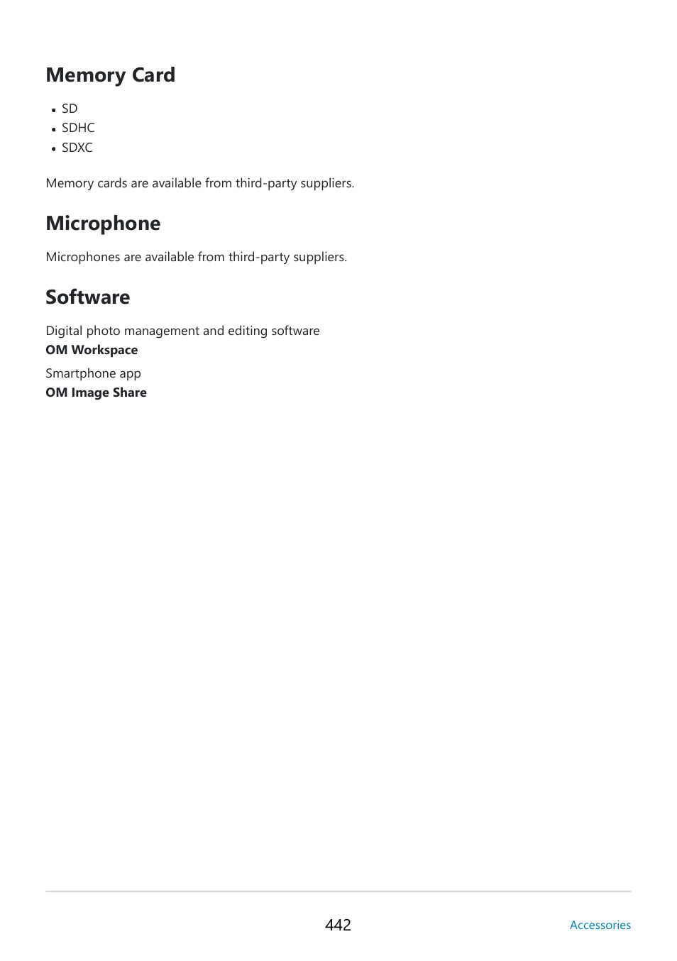 Microphone, Software | OM SYSTEM OM-5 Mirrorless Camera with 12-45mm f/4 PRO Lens (Silver) User Manual | Page 442 / 467