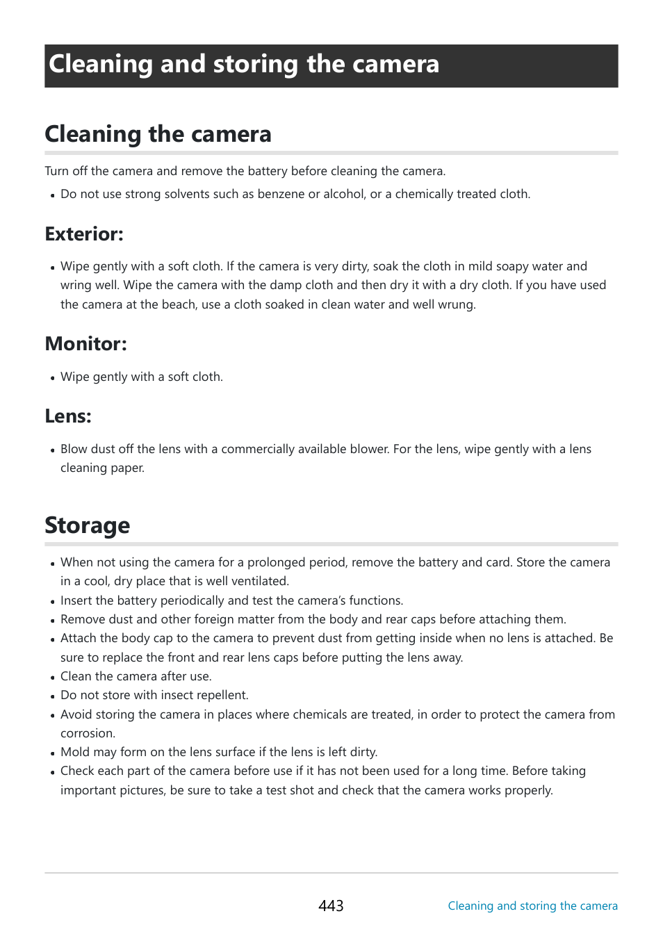 Cleaning and storing the camera, Cleaning the camera, Storage | Exterior, Monitor, Lens | OM SYSTEM OM-5 Mirrorless Camera with 12-45mm f/4 PRO Lens (Silver) User Manual | Page 443 / 467