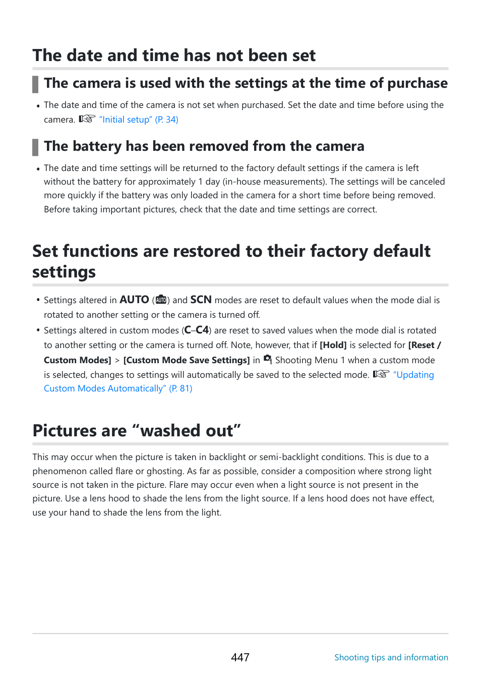 The date and time has not been set, Pictures are “washed out, The battery has been removed from the camera | OM SYSTEM OM-5 Mirrorless Camera with 12-45mm f/4 PRO Lens (Silver) User Manual | Page 447 / 467