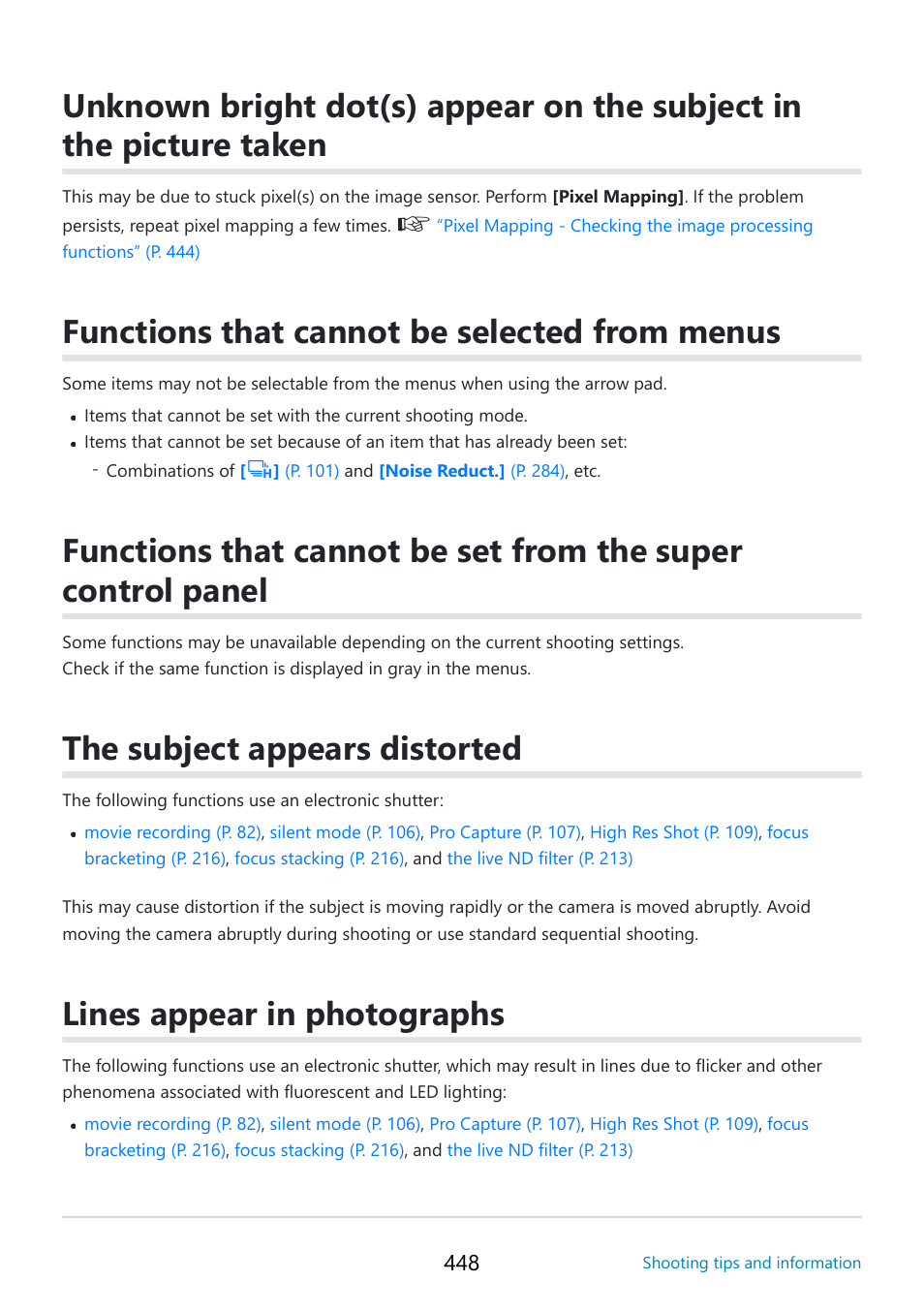 Functions that cannot be selected from menus, The subject appears distorted, Lines appear in photographs | OM SYSTEM OM-5 Mirrorless Camera with 12-45mm f/4 PRO Lens (Silver) User Manual | Page 448 / 467