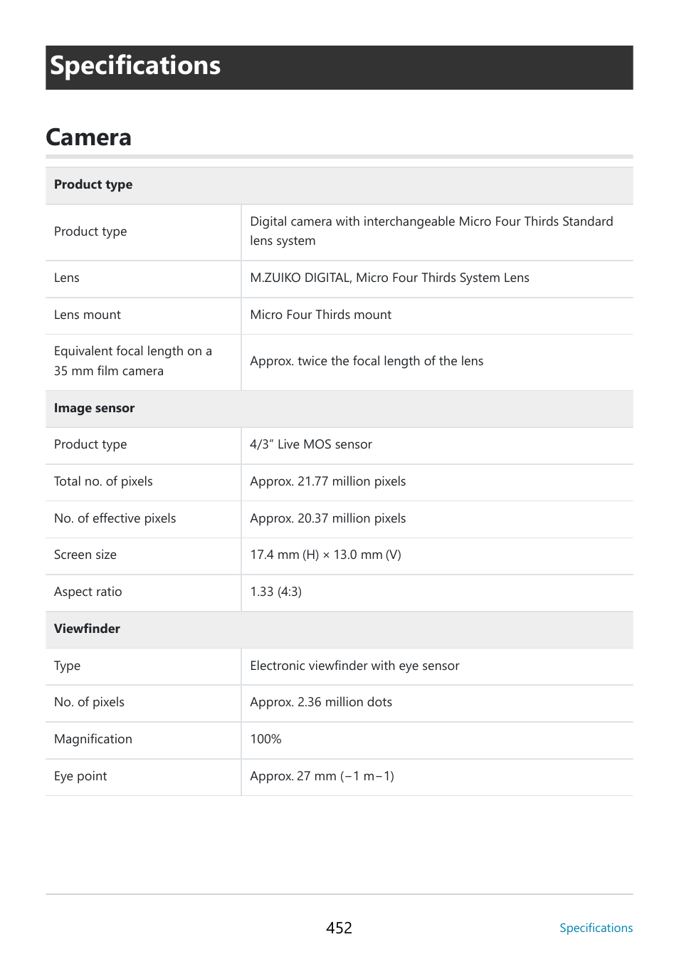 Specifications, Camera | OM SYSTEM OM-5 Mirrorless Camera with 12-45mm f/4 PRO Lens (Silver) User Manual | Page 452 / 467