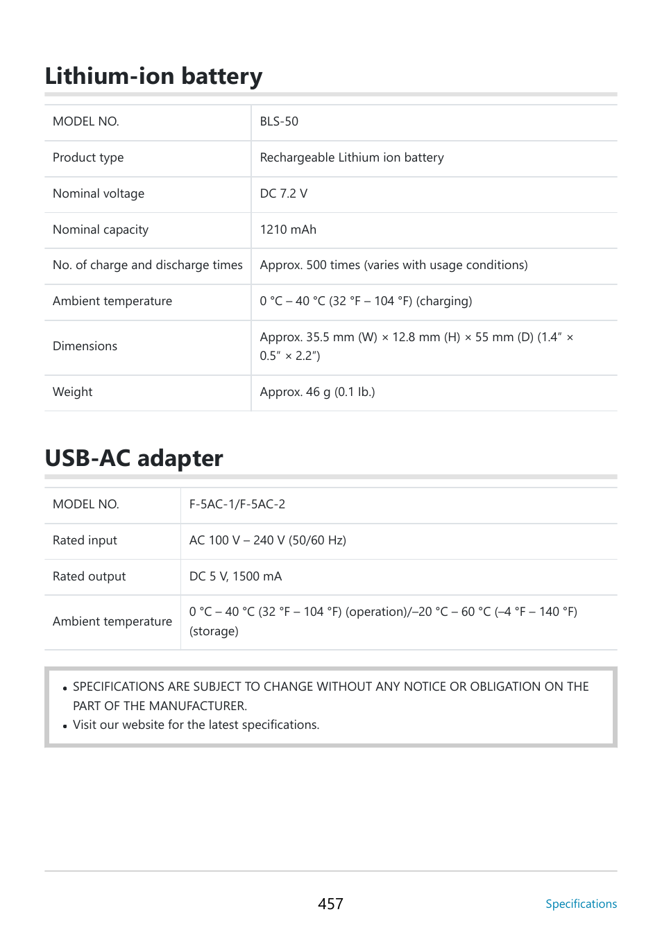 Lithium-ion battery, Usb-ac adapter | OM SYSTEM OM-5 Mirrorless Camera with 12-45mm f/4 PRO Lens (Silver) User Manual | Page 457 / 467