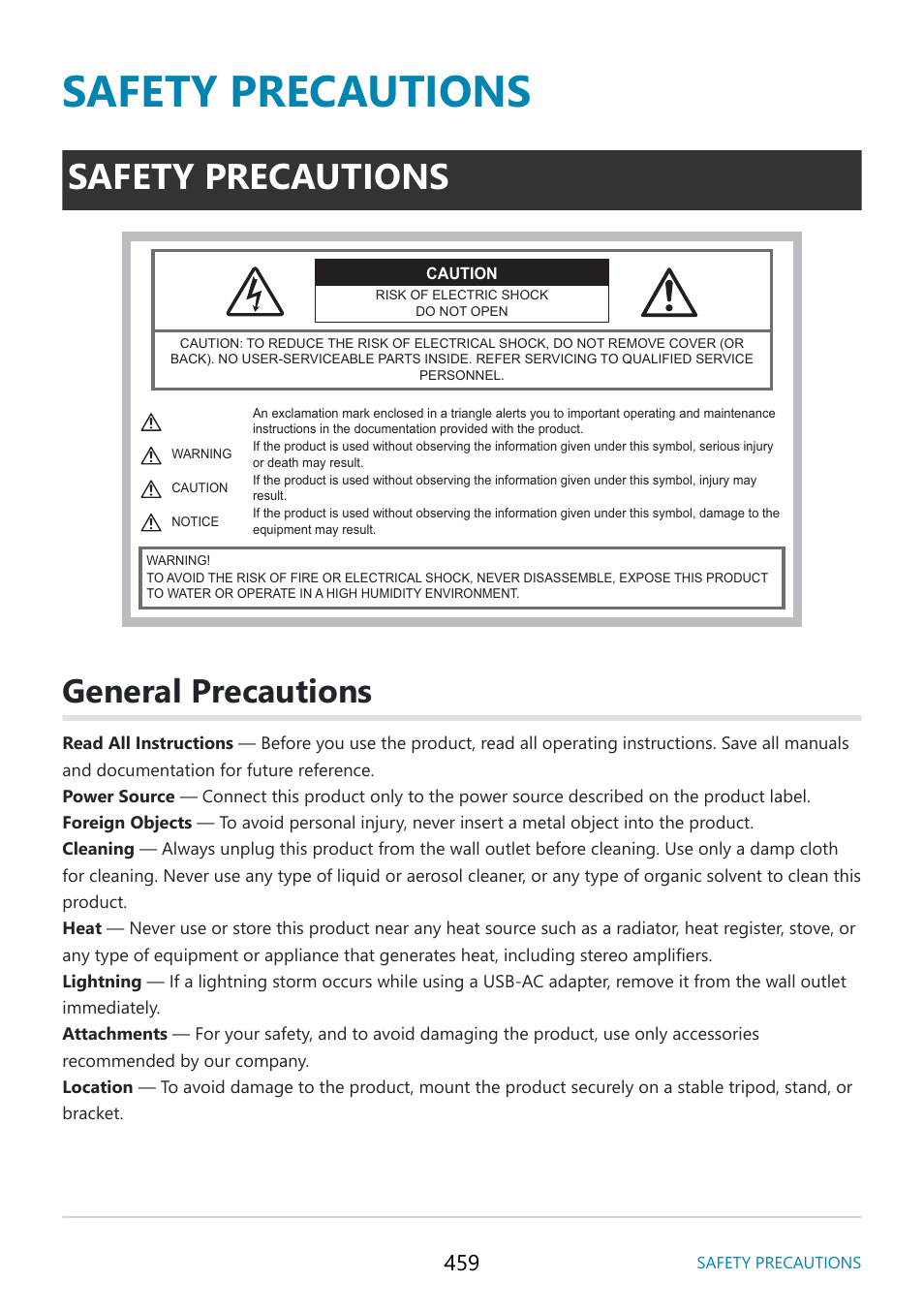 Safety precautions, General precautions | OM SYSTEM OM-5 Mirrorless Camera with 12-45mm f/4 PRO Lens (Silver) User Manual | Page 459 / 467