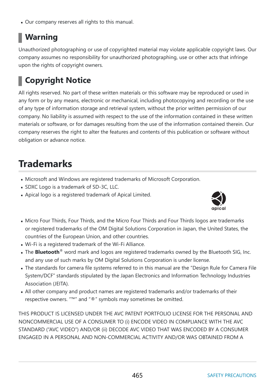 Trademarks, Warning, Copyright notice | OM SYSTEM OM-5 Mirrorless Camera with 12-45mm f/4 PRO Lens (Silver) User Manual | Page 465 / 467