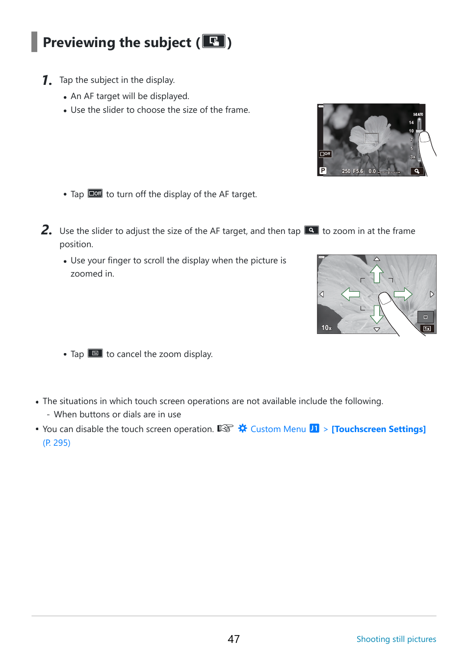 Previewing the subject | OM SYSTEM OM-5 Mirrorless Camera with 12-45mm f/4 PRO Lens (Silver) User Manual | Page 47 / 467