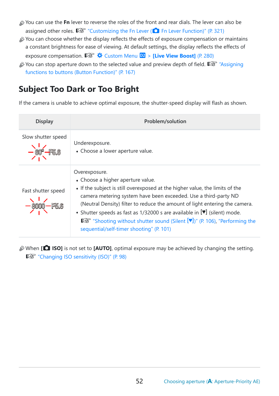 Subject too dark or too bright, 60" f5.6 | OM SYSTEM OM-5 Mirrorless Camera with 12-45mm f/4 PRO Lens (Silver) User Manual | Page 52 / 467