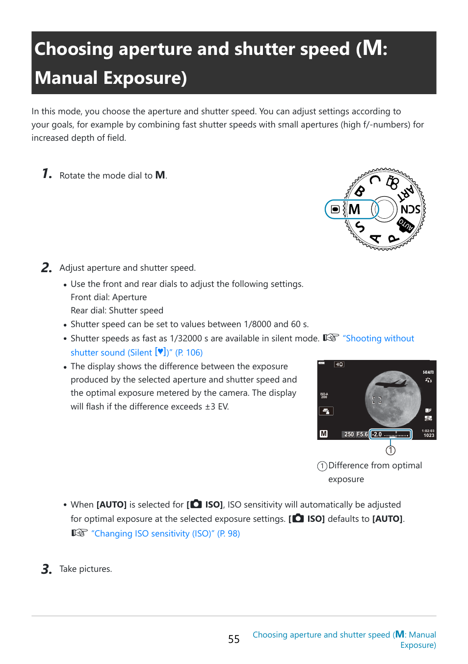 Choosing aperture and shutter speed, Manual exposure), P. 55 | OM SYSTEM OM-5 Mirrorless Camera with 12-45mm f/4 PRO Lens (Silver) User Manual | Page 55 / 467