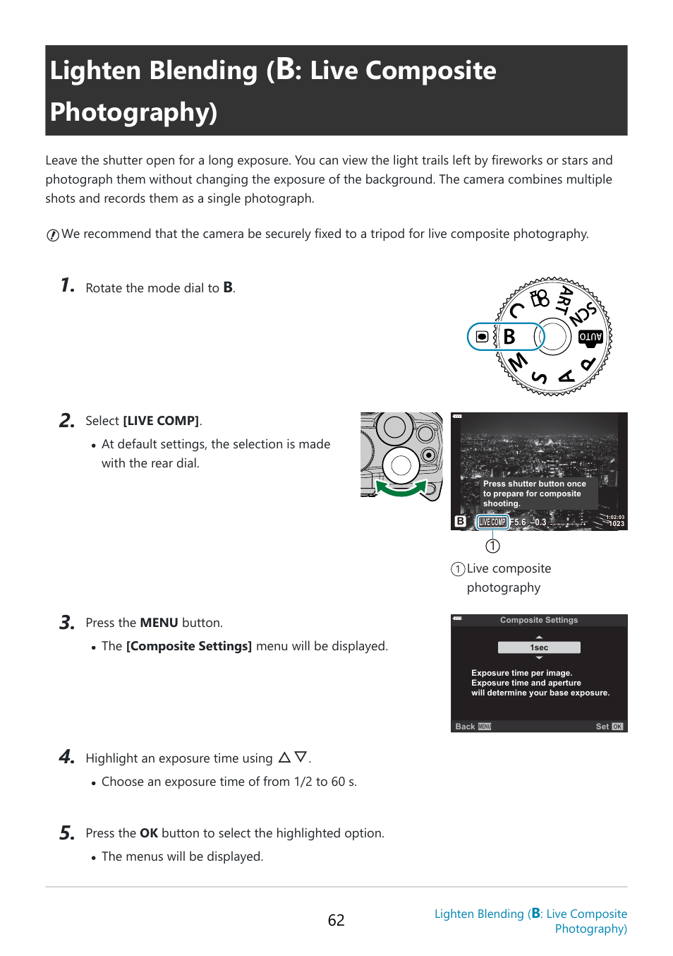 Lighten blending, Live composite photography), P. 62 | OM SYSTEM OM-5 Mirrorless Camera with 12-45mm f/4 PRO Lens (Silver) User Manual | Page 62 / 467