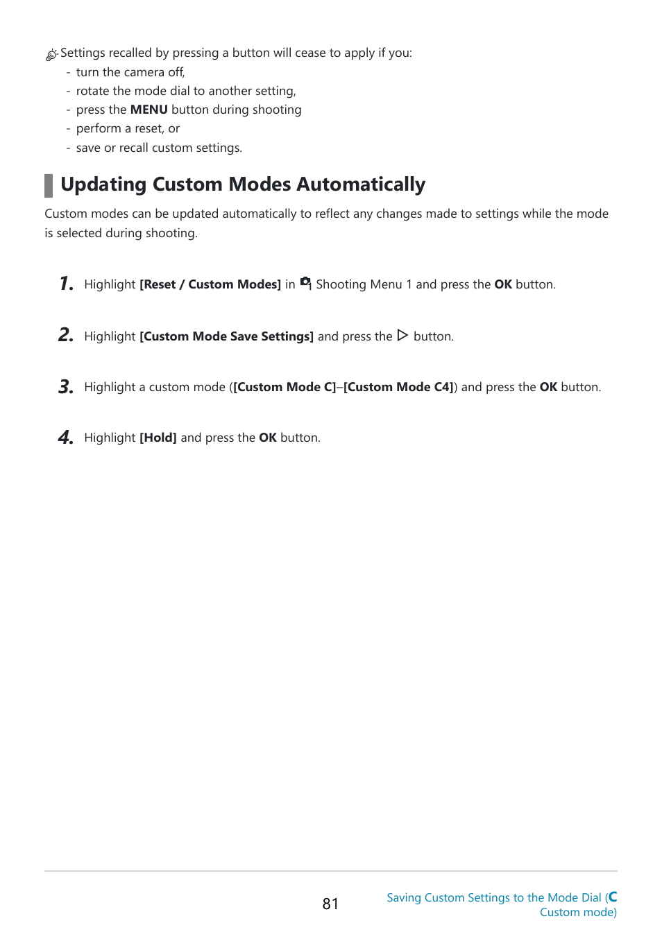 Updating custom modes automatically | OM SYSTEM OM-5 Mirrorless Camera with 12-45mm f/4 PRO Lens (Silver) User Manual | Page 81 / 467