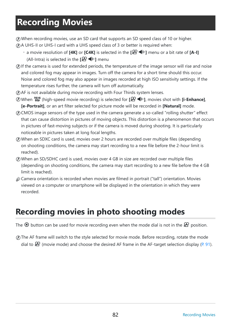 Recording movies, Recording movies in photo shooting modes, P. 82 | OM SYSTEM OM-5 Mirrorless Camera with 12-45mm f/4 PRO Lens (Silver) User Manual | Page 82 / 467