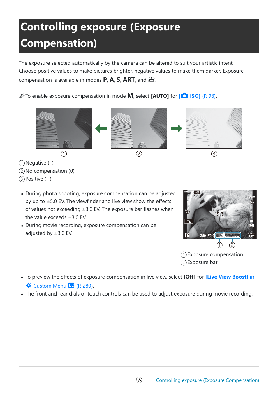 Controlling exposure (exposure compensation), P. 89, Alue | OM SYSTEM OM-5 Mirrorless Camera with 12-45mm f/4 PRO Lens (Silver) User Manual | Page 89 / 467