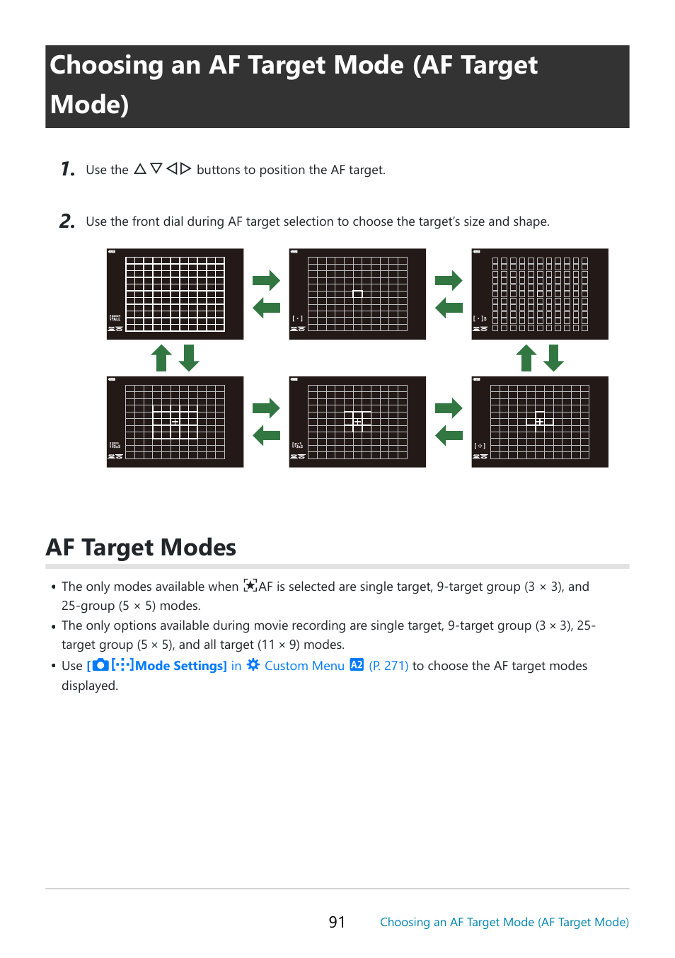 Choosing an af target mode (af target mode), Af target modes, P. 91 | OM SYSTEM OM-5 Mirrorless Camera with 12-45mm f/4 PRO Lens (Silver) User Manual | Page 91 / 467