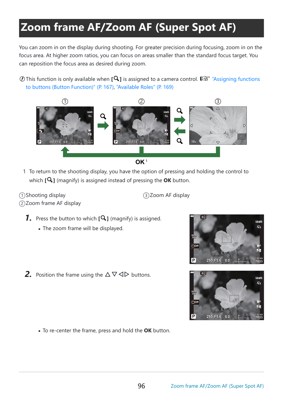 Zoom frame af/zoom af (super spot af), Fghi, Shooting display zoom frame af display | Zoom af display, Press the button to which, Position the frame using the, Buttons, Is assigned to a camera control | OM SYSTEM OM-5 Mirrorless Camera with 12-45mm f/4 PRO Lens (Silver) User Manual | Page 96 / 467