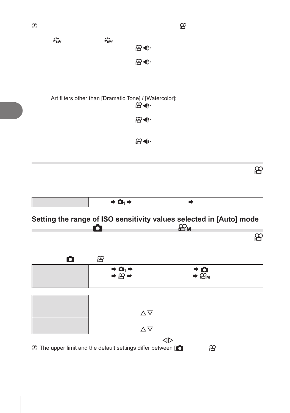 Ev steps for iso sensitivity control (iso step), Iso-a upper/default, Iso-a upper/default) | In [auto] mode, Iso-a upper, Default)” (p. 114), Iso-a upper/default)” (p. 114), Upper/default] (p. 114)), Pa s m b, Shooting settings | OM SYSTEM OM-1 Mirrorless Camera User Manual | Page 114 / 342