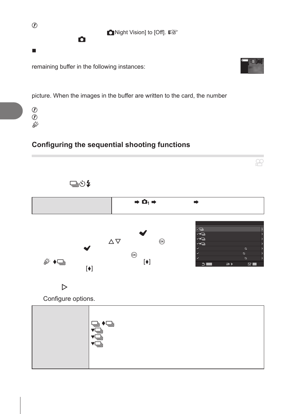 Configuring the sequential, Shooting functions (sequential shooting settings), P. 128 | P. 128), Pa s m b, Shooting settings, 128 en, Press i, Configure options | OM SYSTEM OM-1 Mirrorless Camera User Manual | Page 128 / 342