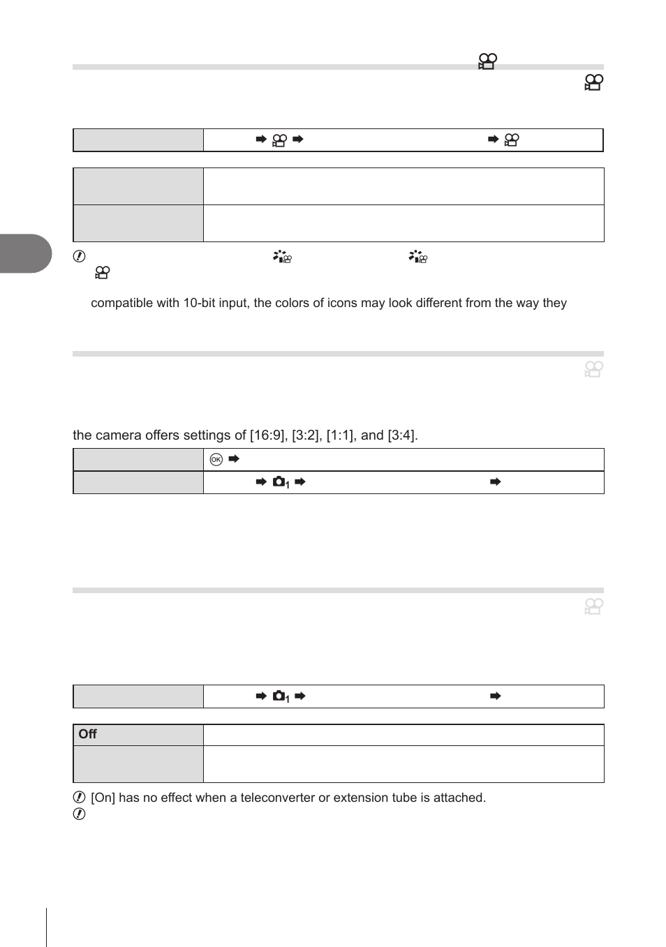 Choosing the codec for recording movies, Video codec), Setting the image aspect (image aspect) | Peripheral illumination (shading comp.), P. 144, Pa s m b, Shooting settings | OM SYSTEM OM-1 Mirrorless Camera User Manual | Page 144 / 342