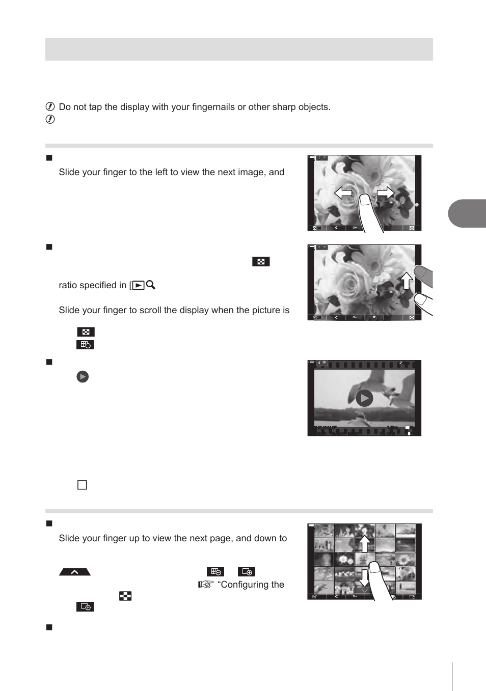 Playback using touch controls, Full-frame playback, Index/calendar playback | Playback, 191 en, Displaying the previous or next image, Magnify, Movie playback, Displaying the previous or next page, Viewing images | OM SYSTEM OM-1 Mirrorless Camera User Manual | Page 191 / 342