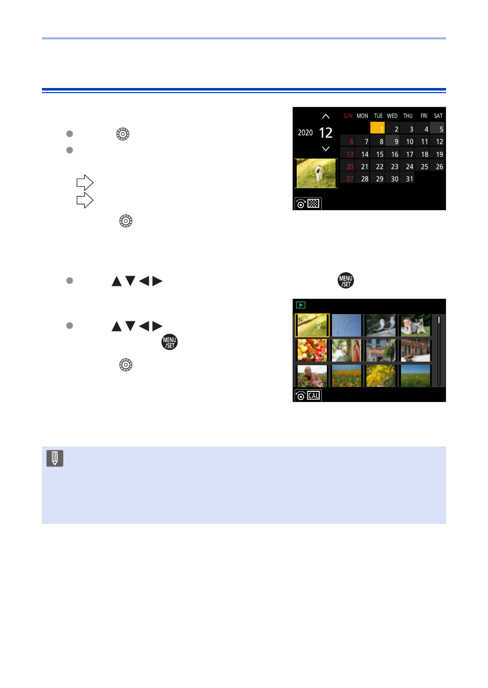 Calendar playback, Switch to calendar playback, Select the recording date | Select an image, Rotate to the left, Press to select a date and then press, Press to select an image and then press | Panasonic Lumix G100 Mirrorless Camera with 12-32mm Lens User Manual | Page 277 / 509