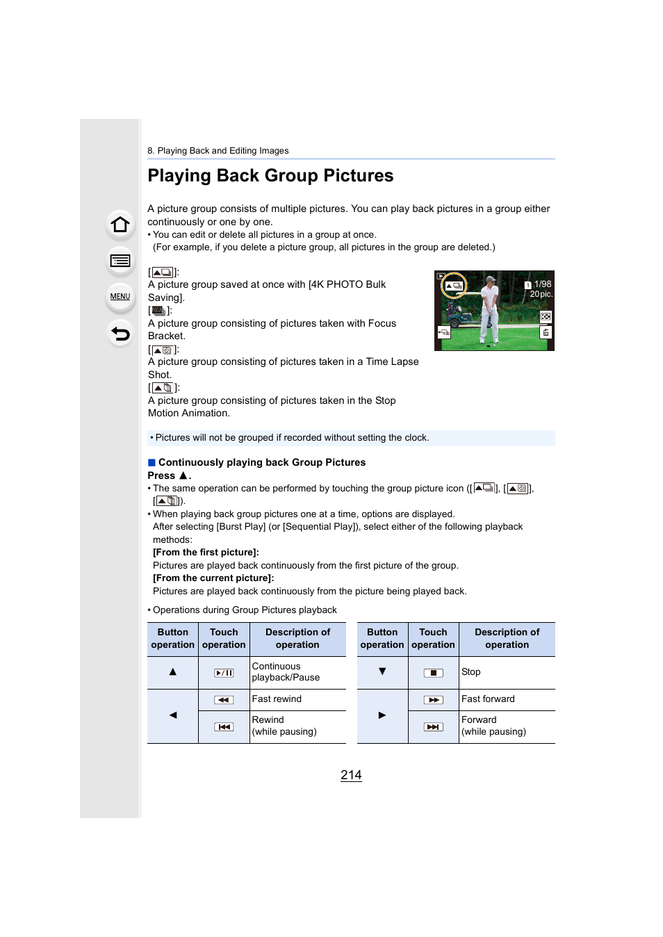 Playing back group pictures | Panasonic Lumix GH5S Mirrorless Camera User Manual | Page 214 / 372