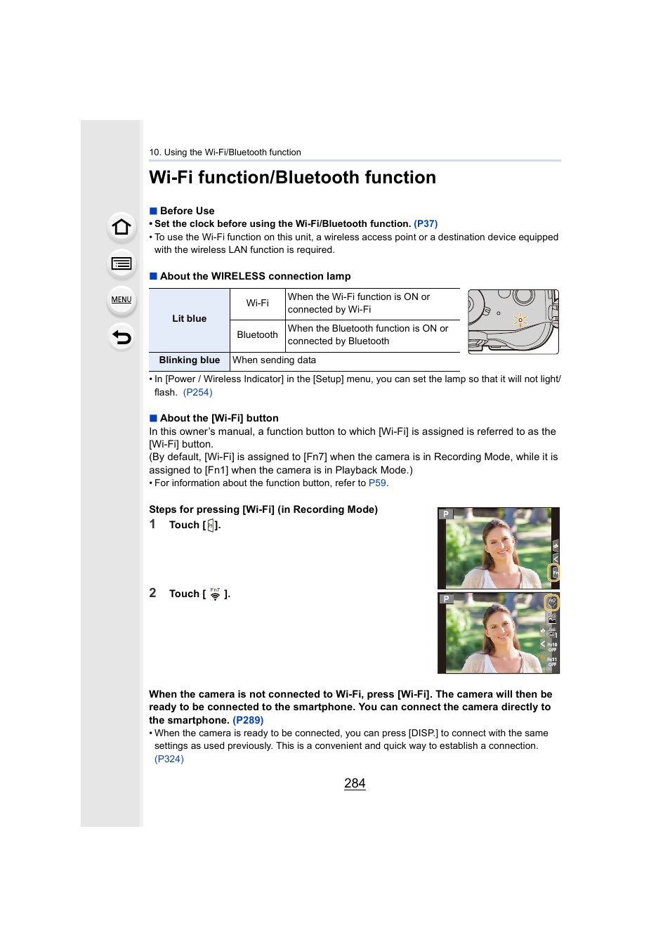 Wi-fi function/bluetooth function, Eless connection lamp, P284) | Before use, About the wireless connection lamp, Steps for pressing [wi-fi] (in recording mode), Touch | Panasonic Lumix GH5S Mirrorless Camera User Manual | Page 284 / 372