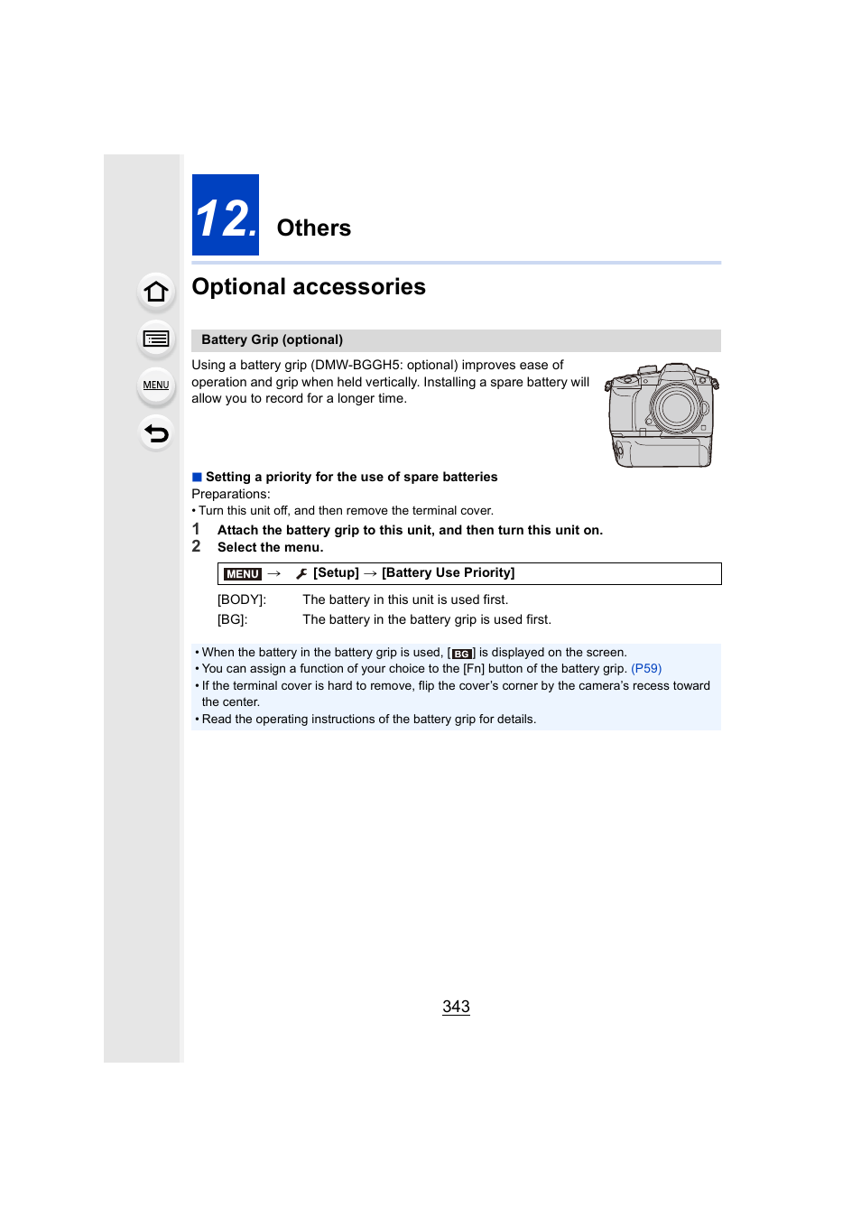 Others, Optional accessories, Ry grip connector | P343), Others optional accessories | Panasonic Lumix GH5S Mirrorless Camera User Manual | Page 343 / 372