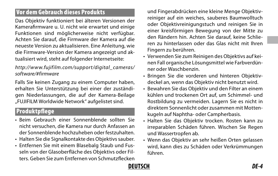 De-4 deutsch vor dem gebrauch dieses produkts, Produktpfl ege | FujiFilm XC 35mm f/2 Lens User Manual | Page 25 / 120
