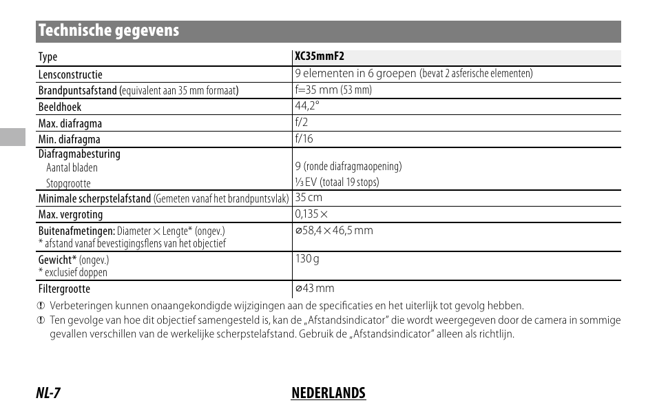 Technische gegevens, Nl-7 nederlands | FujiFilm XC 35mm f/2 Lens User Manual | Page 42 / 120
